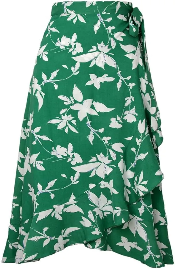 Women Summer Lace-Up High Waist Floral Print Skirt Beach Boho Irregular A Line Midi Skirts