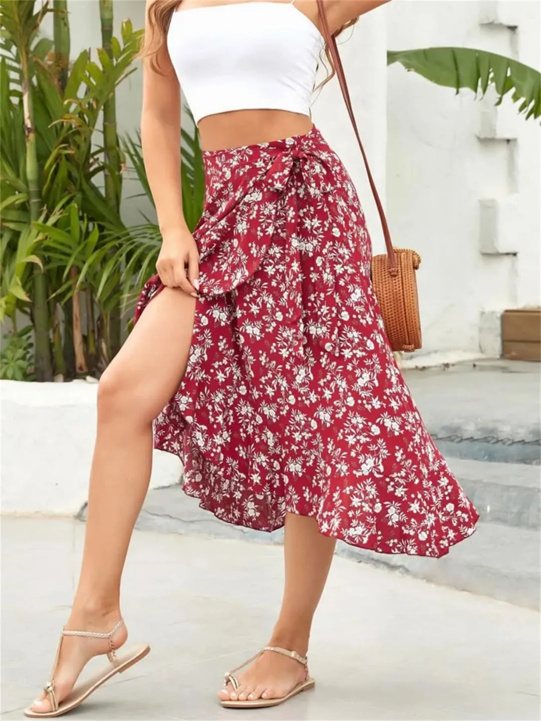 Women Summer Lace-Up High Waist Floral Print Skirt Beach Boho Irregular A Line Midi Skirts