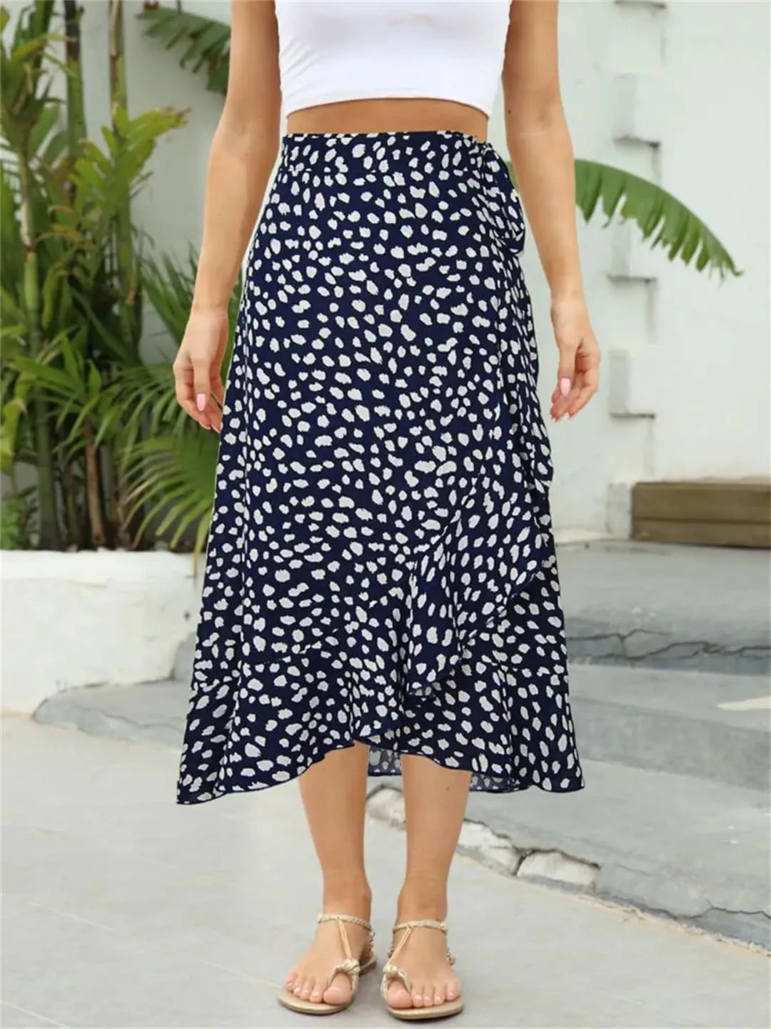 Women Summer Lace-Up High Waist Floral Print Skirt Beach Boho Irregular A Line Midi Skirts
