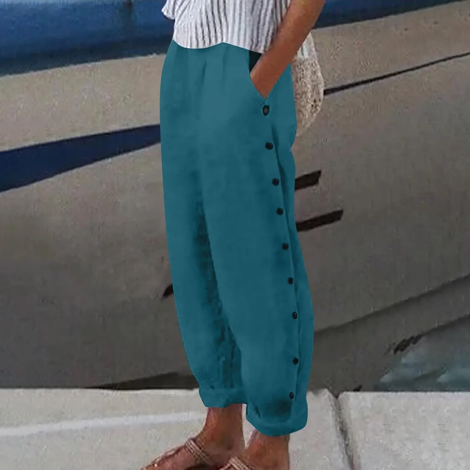 Women Wide Leg Linen Pants 2025 Summer High Waist Palazzo Pants Dress Solid Trouser with Pockets