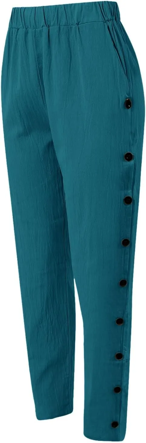 Women Wide Leg Linen Pants 2025 Summer High Waist Palazzo Pants Dress Solid Trouser with Pockets