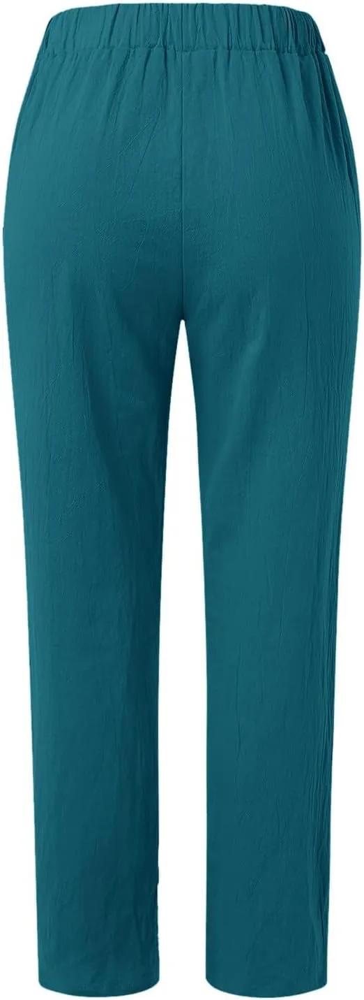 Women Wide Leg Linen Pants 2025 Summer High Waist Palazzo Pants Dress Solid Trouser with Pockets