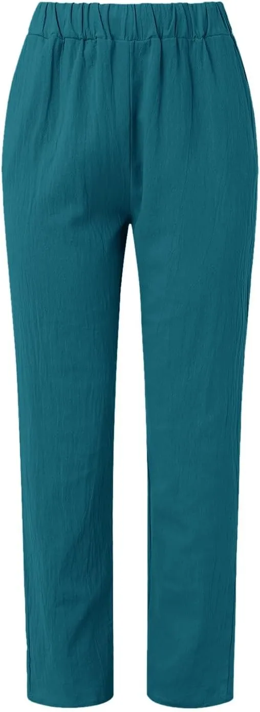 Women Wide Leg Linen Pants 2025 Summer High Waist Palazzo Pants Dress Solid Trouser with Pockets
