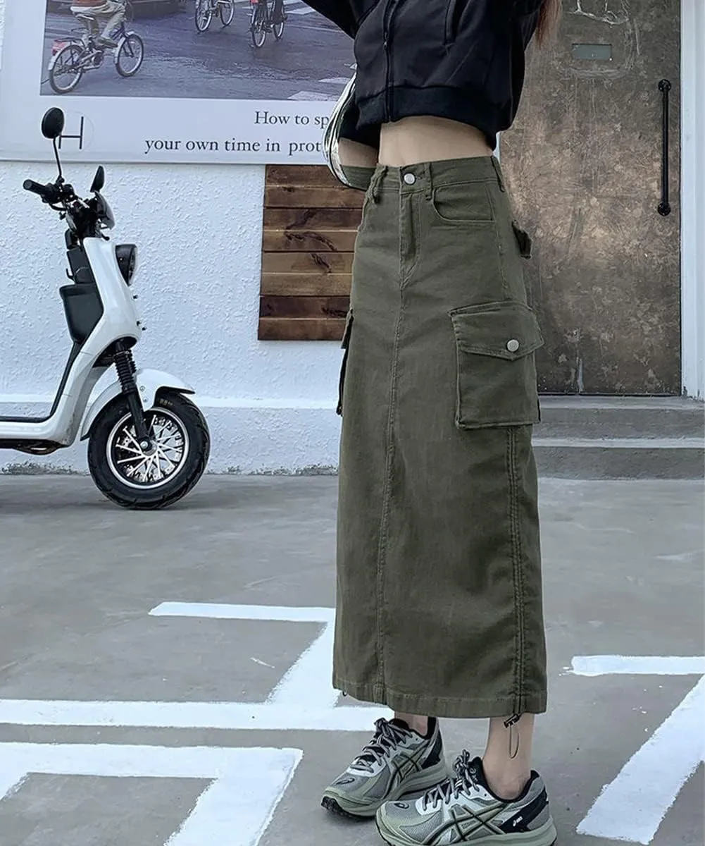Women Y2k Cargo Long Skirt Low Waist Drawstring Maxi Skirt 90S Vintage Midi Skirt with Pockets