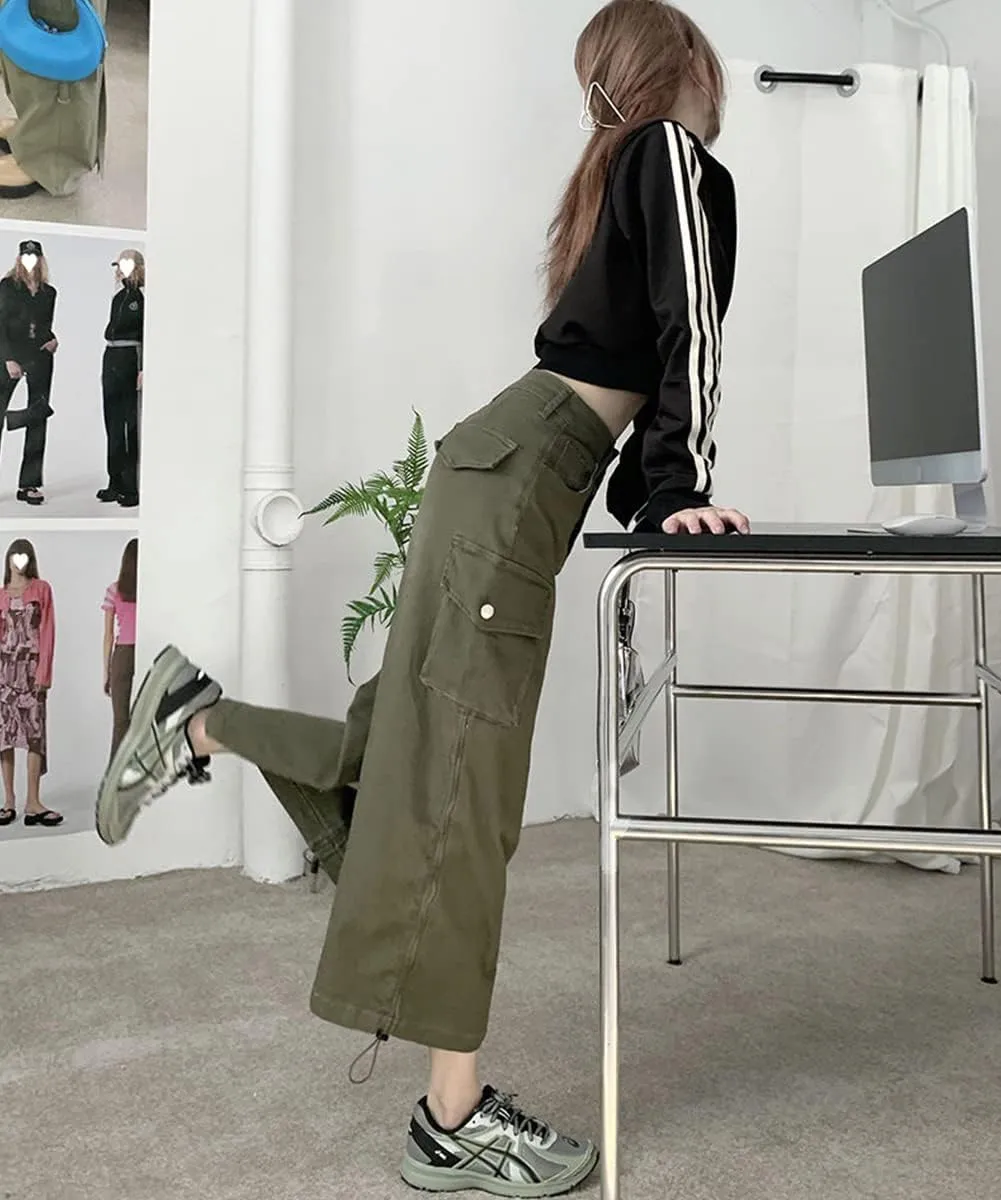 Women Y2k Cargo Long Skirt Low Waist Drawstring Maxi Skirt 90S Vintage Midi Skirt with Pockets