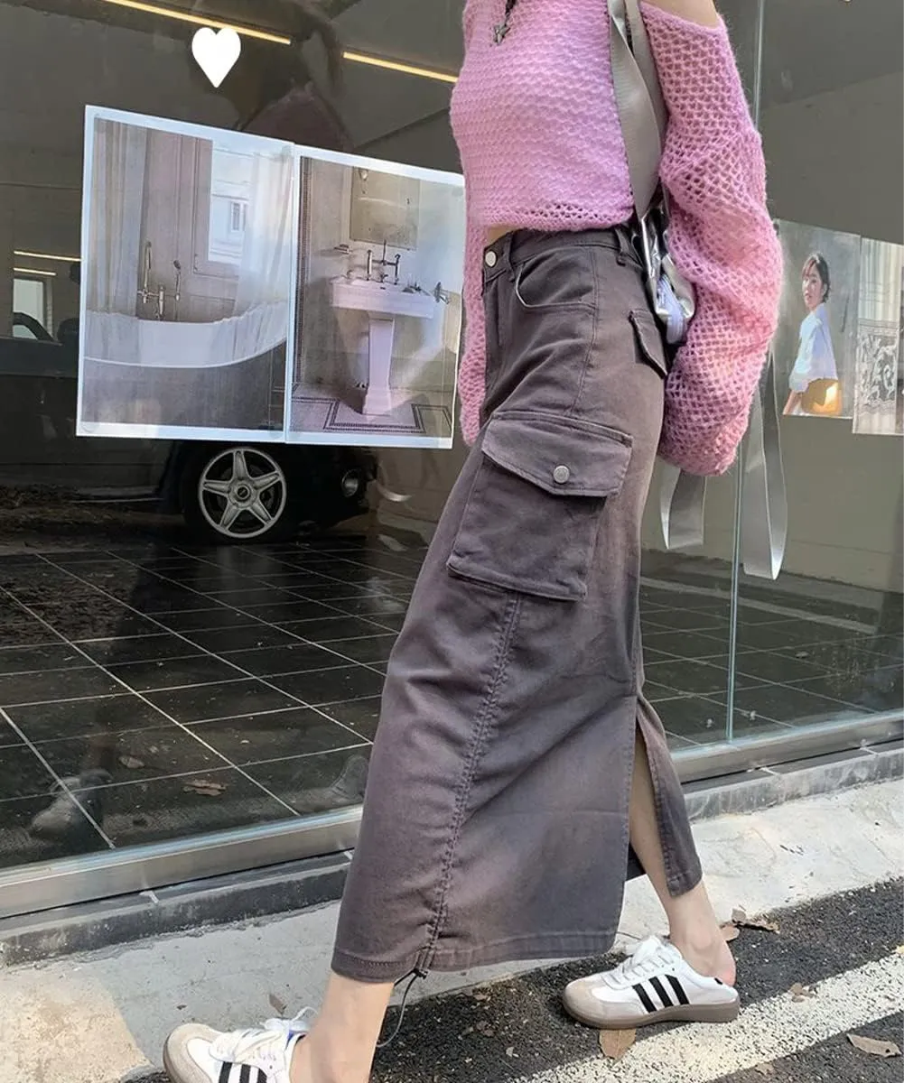 Women Y2k Cargo Long Skirt Low Waist Drawstring Maxi Skirt 90S Vintage Midi Skirt with Pockets