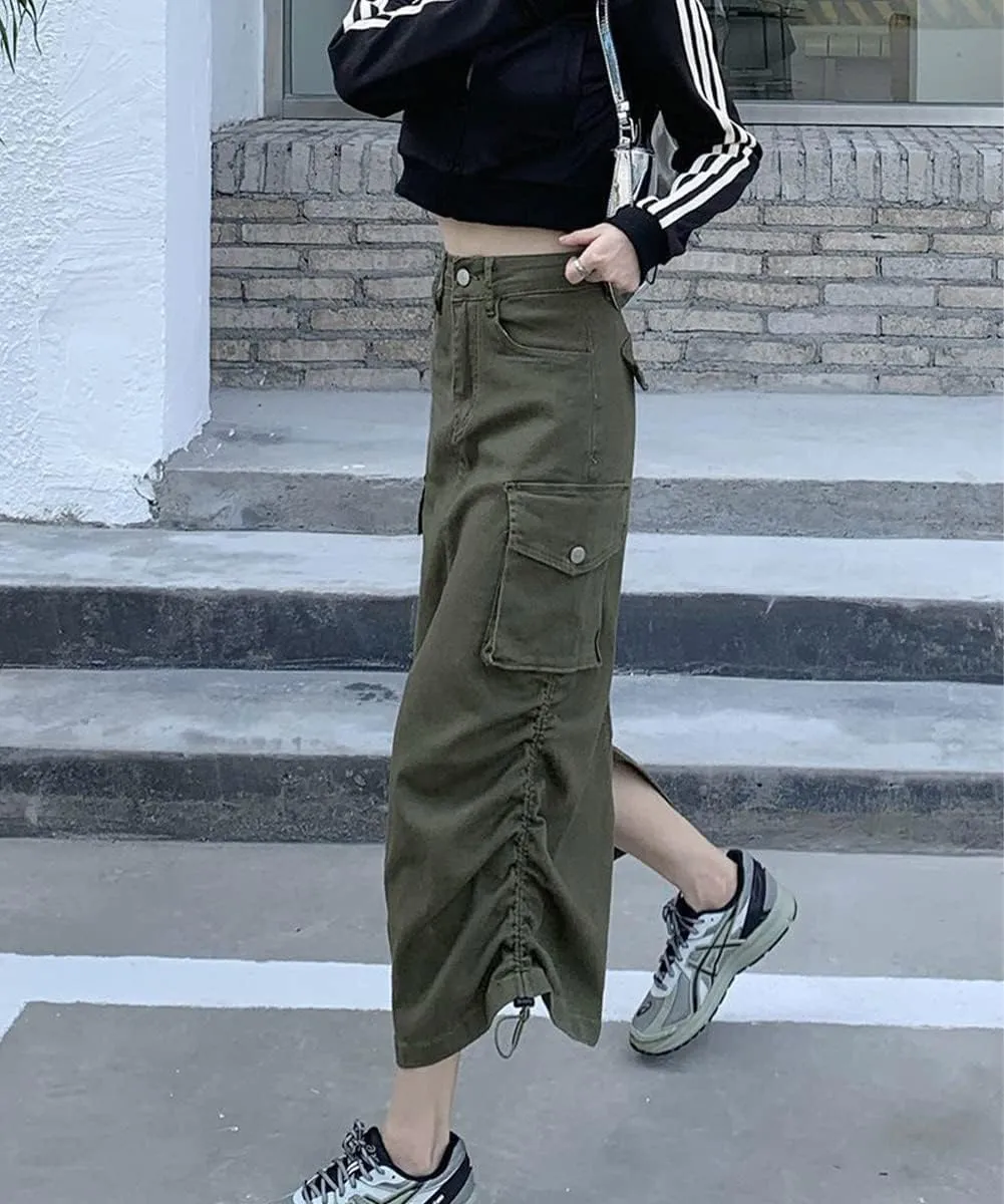 Women Y2k Cargo Long Skirt Low Waist Drawstring Maxi Skirt 90S Vintage Midi Skirt with Pockets