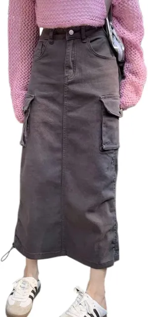 Women Y2k Cargo Long Skirt Low Waist Drawstring Maxi Skirt 90S Vintage Midi Skirt with Pockets