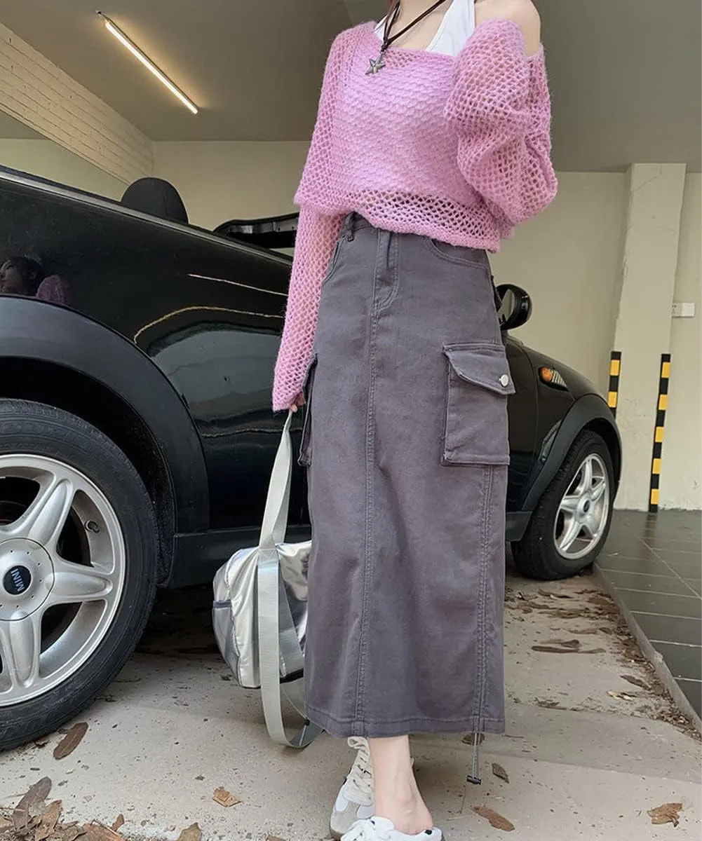 Women Y2k Cargo Long Skirt Low Waist Drawstring Maxi Skirt 90S Vintage Midi Skirt with Pockets