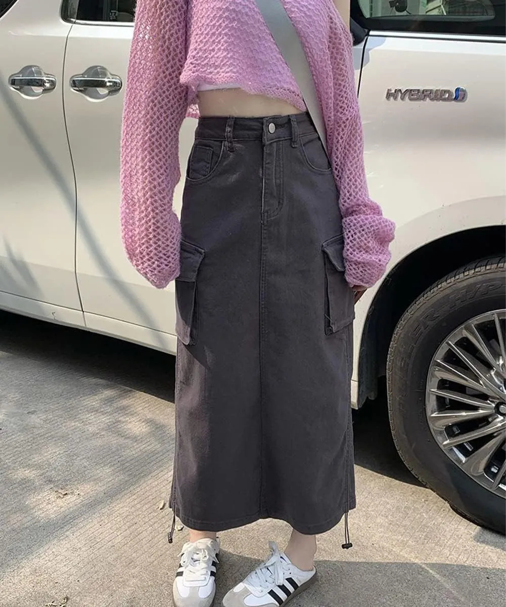 Women Y2k Cargo Long Skirt Low Waist Drawstring Maxi Skirt 90S Vintage Midi Skirt with Pockets