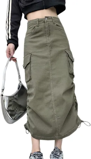 Women Y2k Cargo Long Skirt Low Waist Drawstring Maxi Skirt 90S Vintage Midi Skirt with Pockets