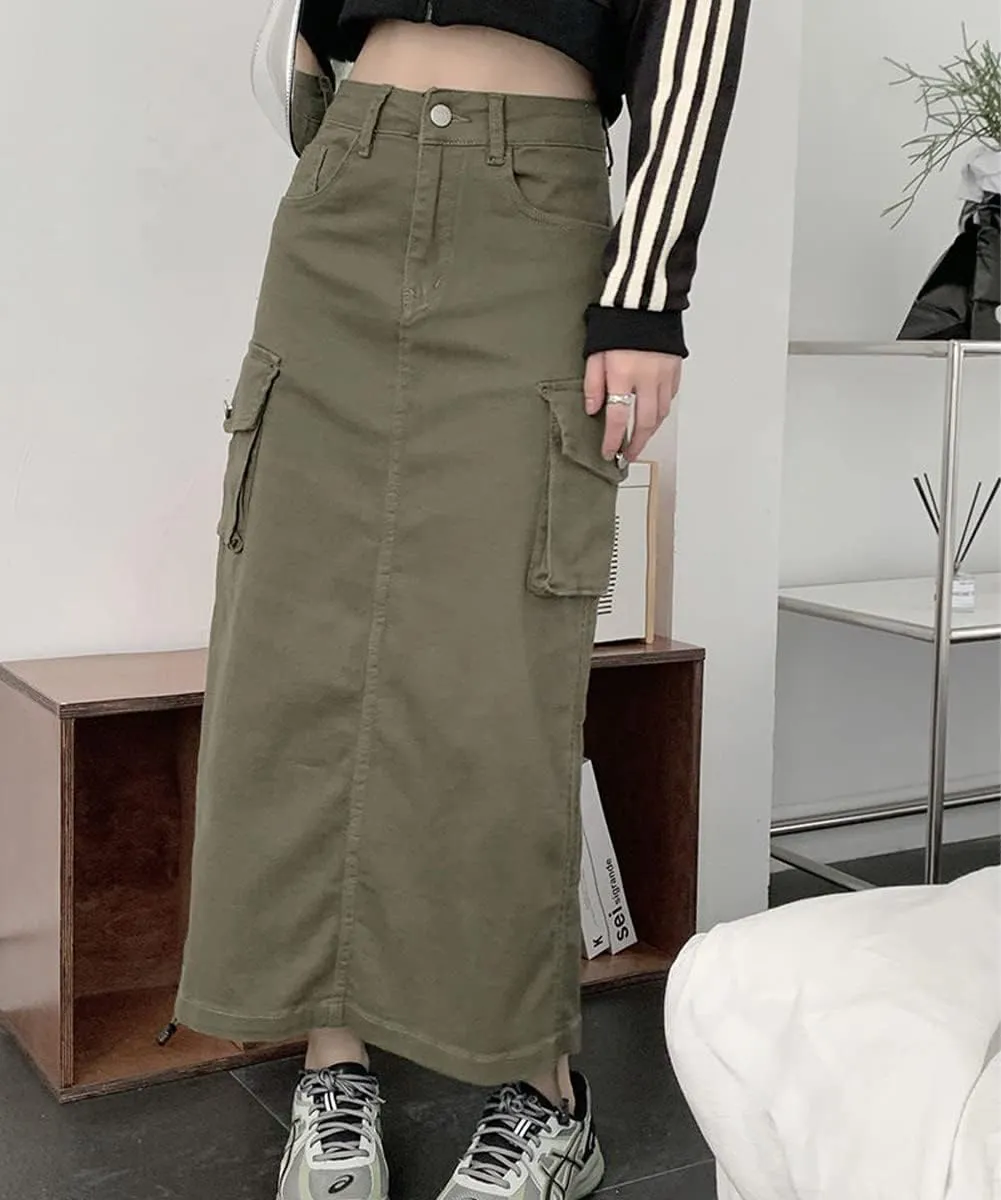 Women Y2k Cargo Long Skirt Low Waist Drawstring Maxi Skirt 90S Vintage Midi Skirt with Pockets