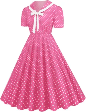 Women's 1950s Vintage Audrey Hepburn Style Cocktail Party Swing Dresses Lapel Short Sleeve Polka Dot Midi Tea Dress