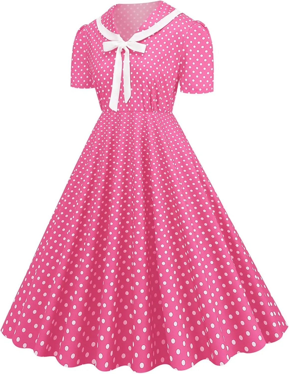 Women's 1950s Vintage Audrey Hepburn Style Cocktail Party Swing Dresses Lapel Short Sleeve Polka Dot Midi Tea Dress