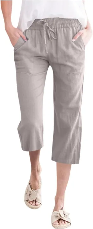 Women's Capris Summer Cotton Linen Pants Casual Lightweight Elastic Cropped Trousers Palazzo Pants