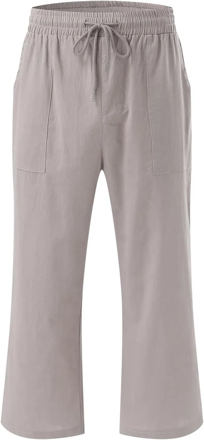 Women's Capris Summer Cotton Linen Pants Casual Lightweight Elastic Cropped Trousers Palazzo Pants