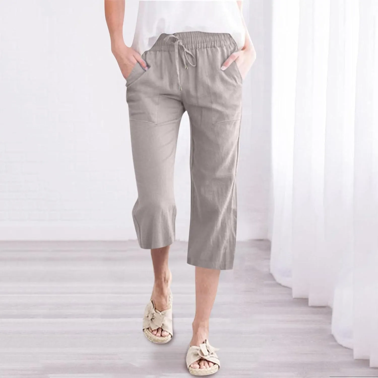 Women's Capris Summer Cotton Linen Pants Casual Lightweight Elastic Cropped Trousers Palazzo Pants