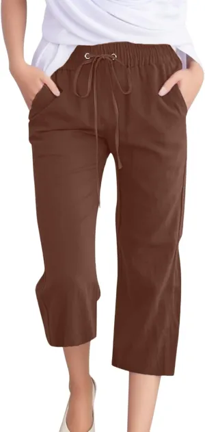 Women's Capris Summer Cotton Linen Pants Casual Lightweight Elastic Cropped Trousers Palazzo Pants