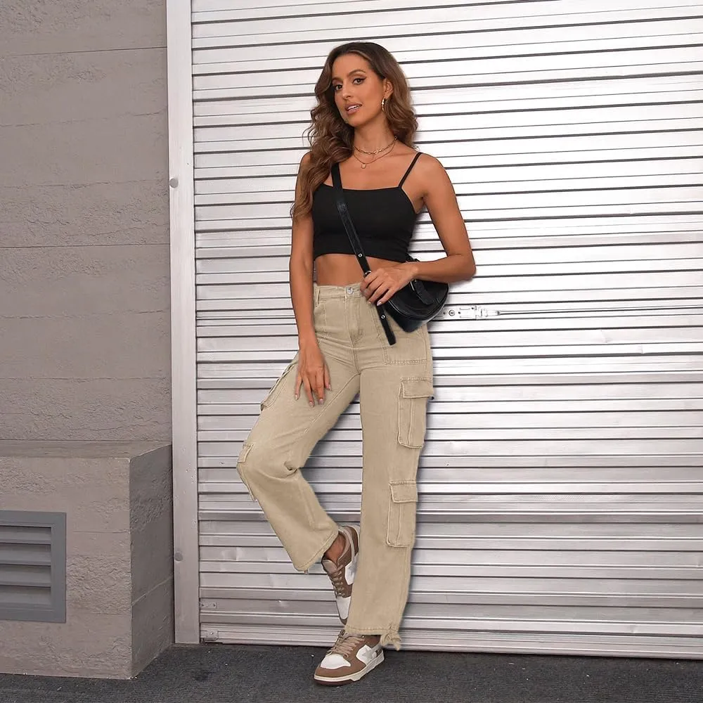 Women's Cargo Pants High Waisted Baggy Cargo Jeans Straight Leg Y2K Streetwear Trousers 8 Pockets for Women