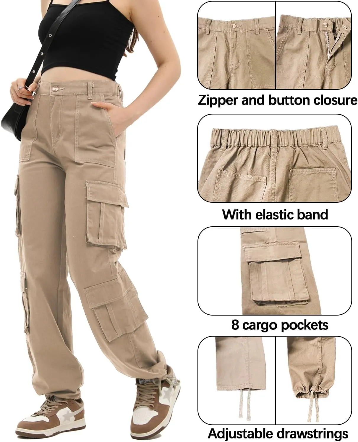 Women's Cargo Pants High Waisted Baggy Cargo Jeans Straight Leg Y2K Streetwear Trousers 8 Pockets for Women