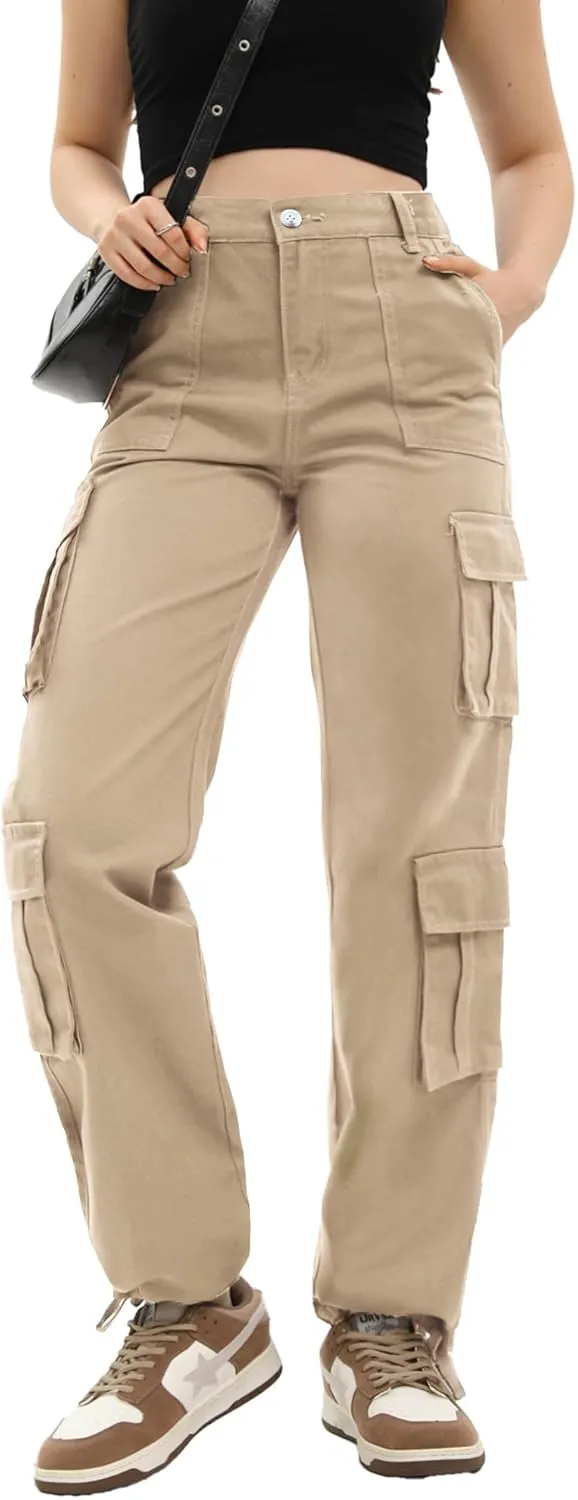 Women's Cargo Pants High Waisted Baggy Cargo Jeans Straight Leg Y2K Streetwear Trousers 8 Pockets for Women
