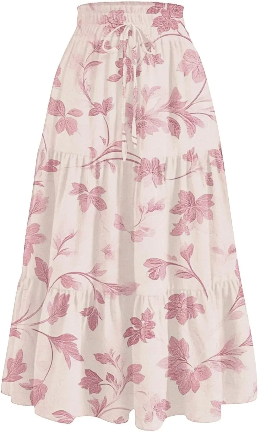 Women's Casual Beach Skirt Floral Elastic High Waist Pleated A-Line Flared Midi Skirts, S-XL