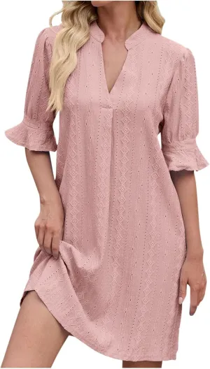Womens Casual Dresses Ruffle Half Sleeve V-Neck Dress Elegant Spring Summer Solid Color Mini Dresses