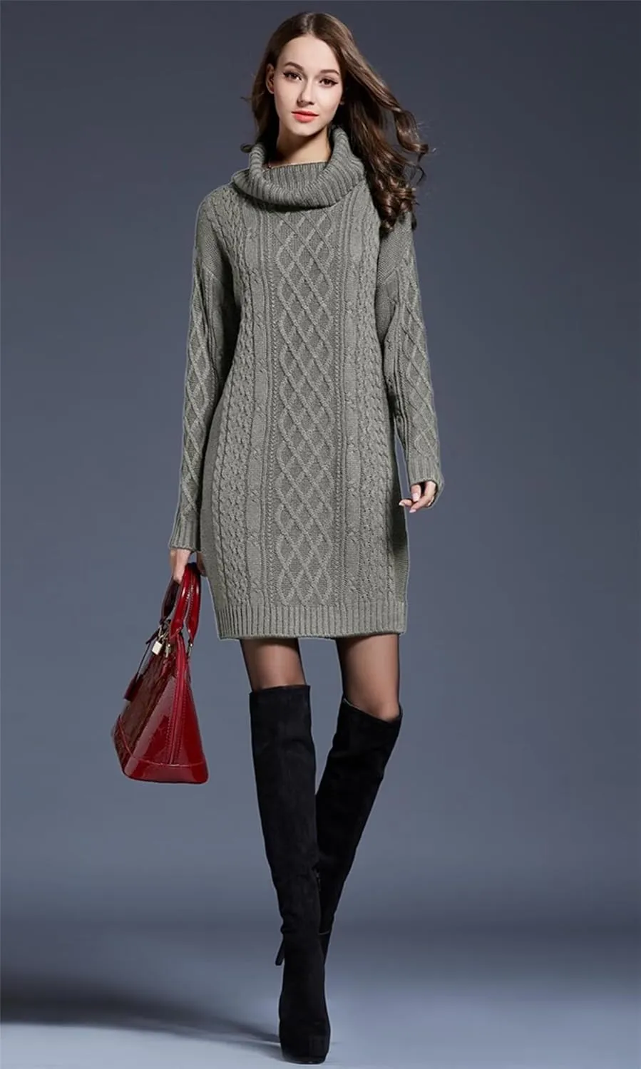 Women's Casual Winter Dress - Trendy Long Sleeve Turtle Neck Knit Maxi Christmas Dress - Warm Plus Size