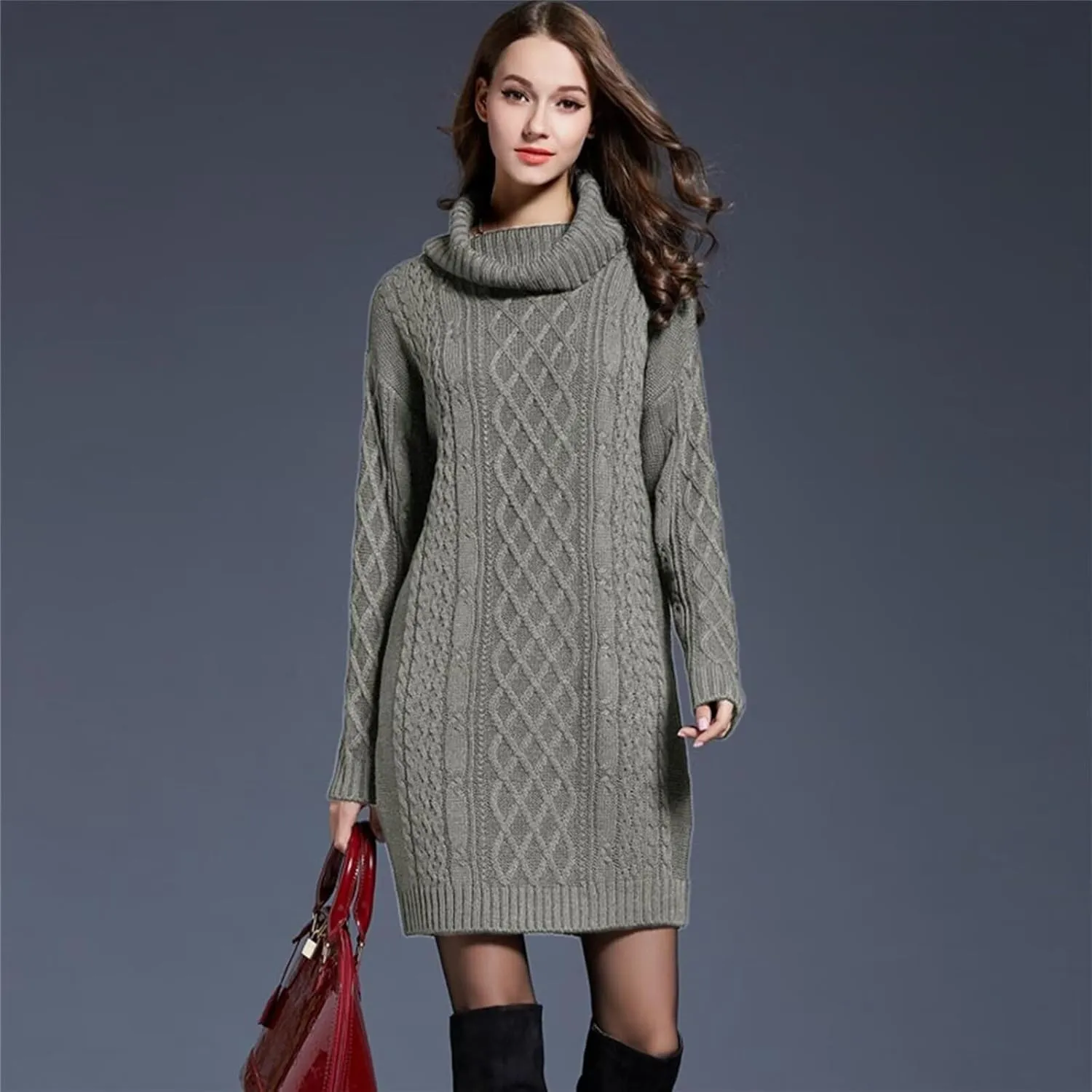 Women's Casual Winter Dress - Trendy Long Sleeve Turtle Neck Knit Maxi Christmas Dress - Warm Plus Size