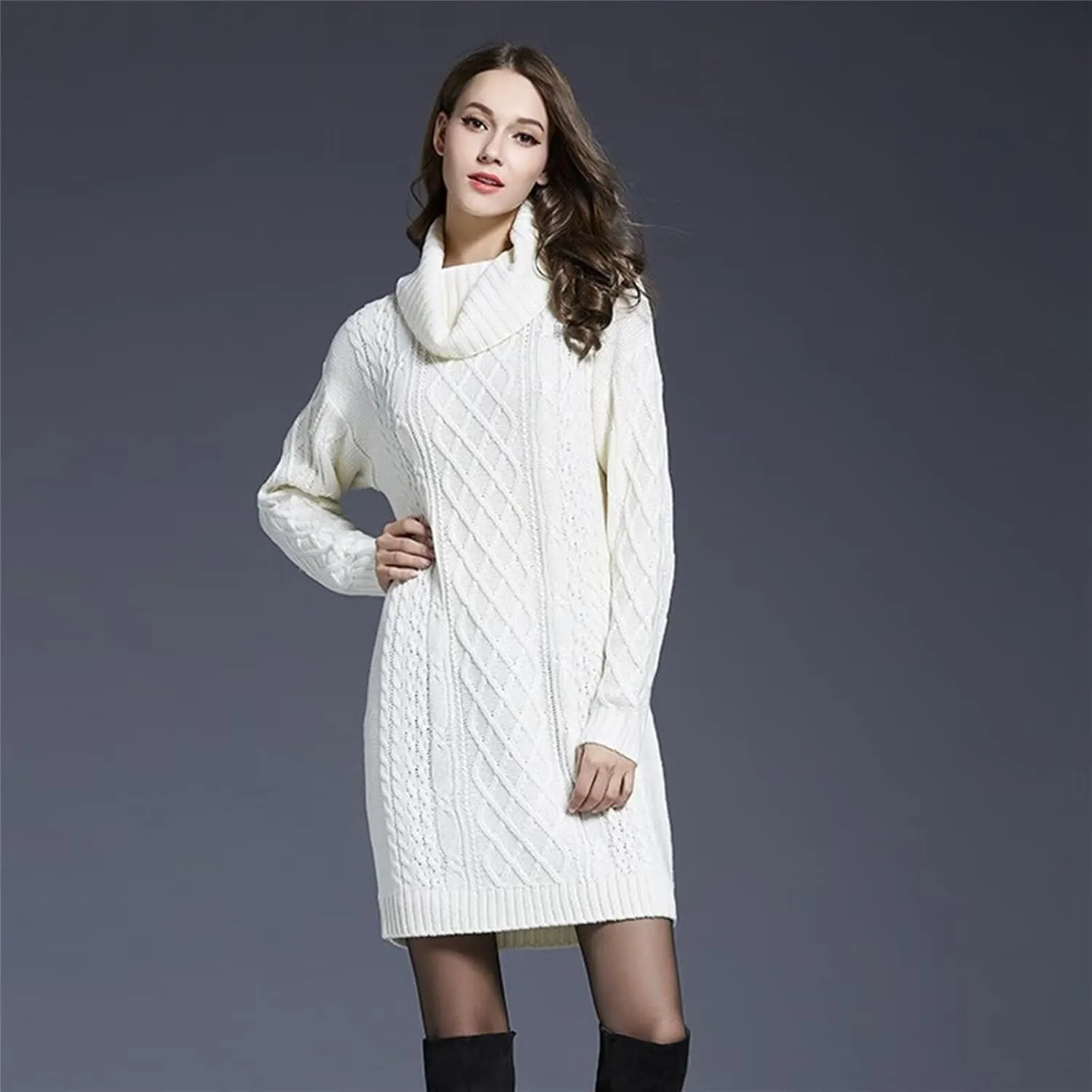 Women's Casual Winter Dress - Trendy Long Sleeve Turtle Neck Knit Maxi Christmas Dress - Warm Plus Size