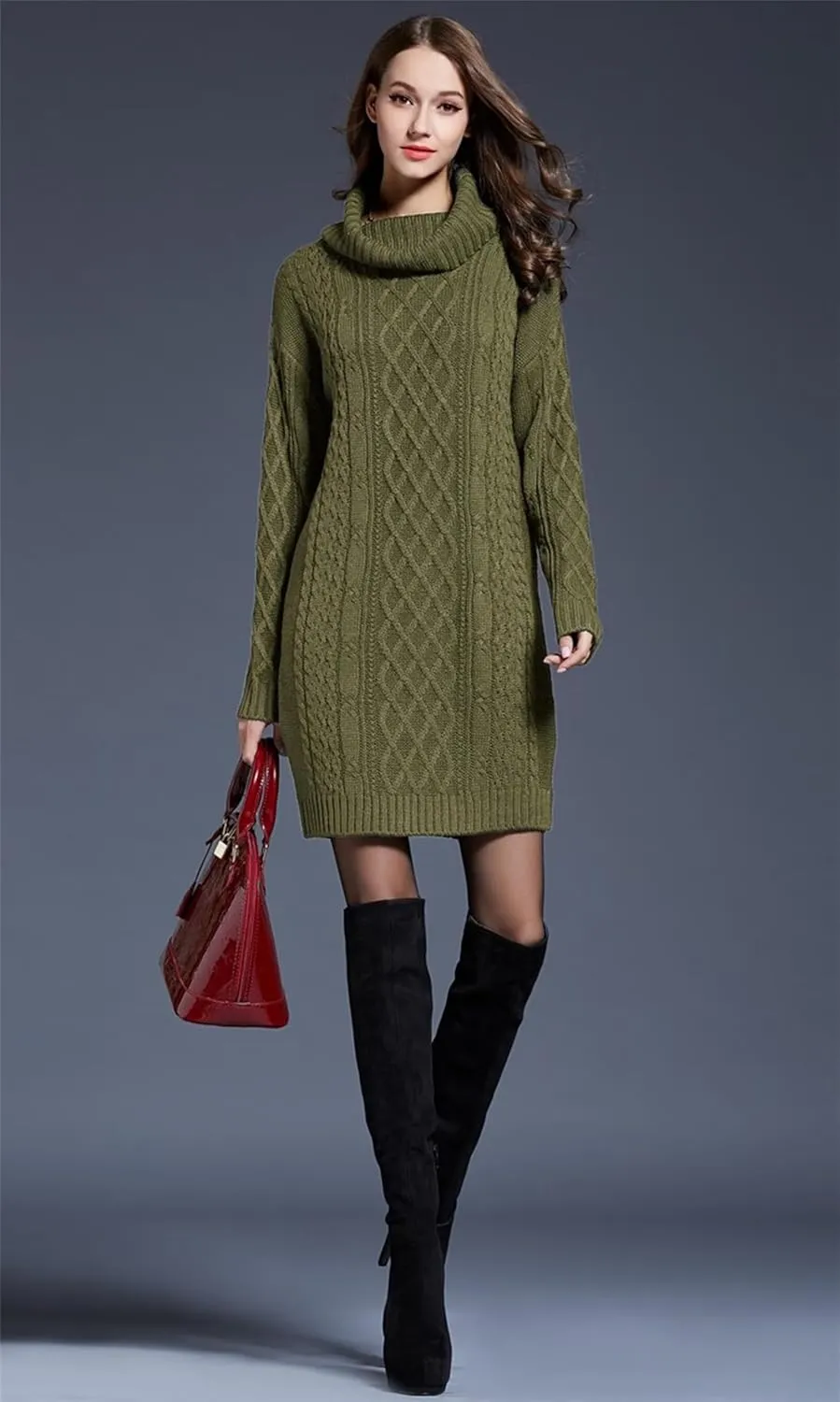 Women's Casual Winter Dress - Trendy Long Sleeve Turtle Neck Knit Maxi Christmas Dress - Warm Plus Size