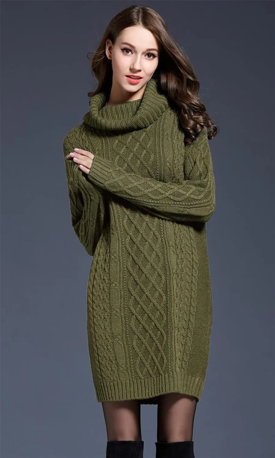Women's Casual Winter Dress - Trendy Long Sleeve Turtle Neck Knit Maxi Christmas Dress - Warm Plus Size