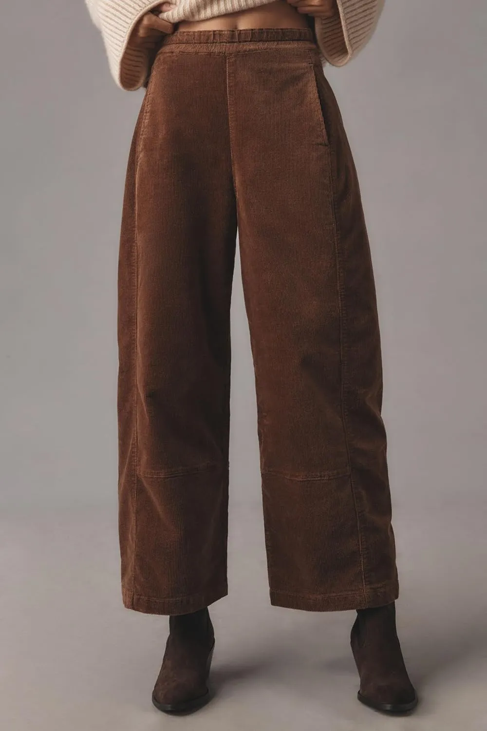 Women's Corduroy Pull-On Barrel Pants Wide Leg Elastic Waist Cord Pants High Rise Casual Trouser with Pockets