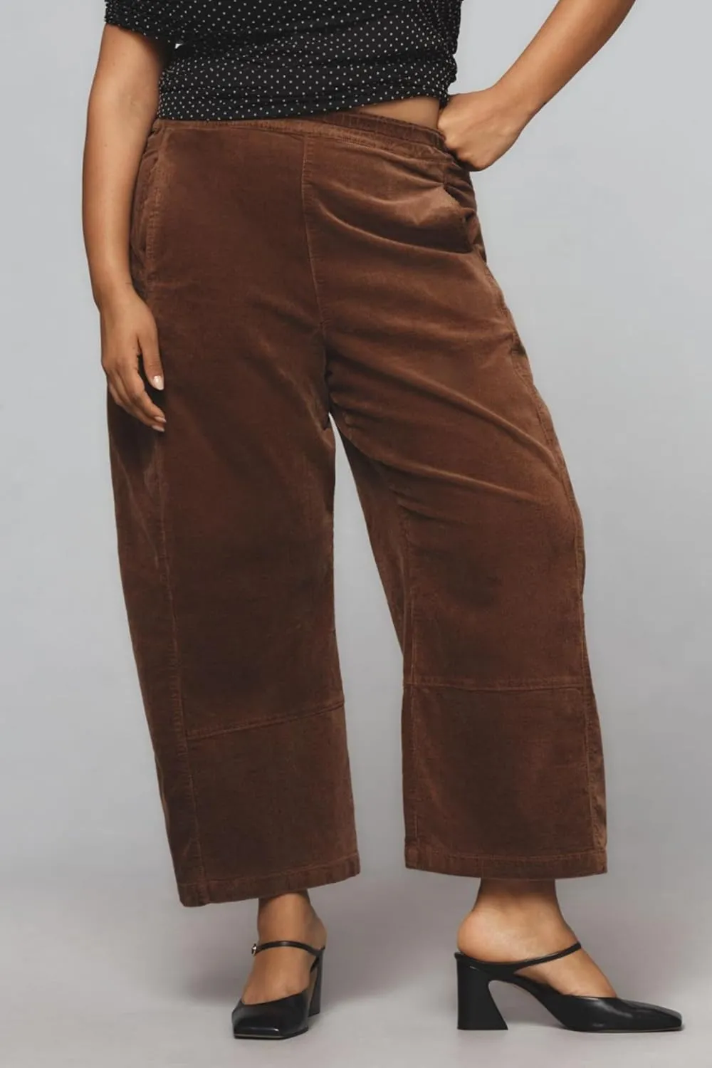 Women's Corduroy Pull-On Barrel Pants Wide Leg Elastic Waist Cord Pants High Rise Casual Trouser with Pockets