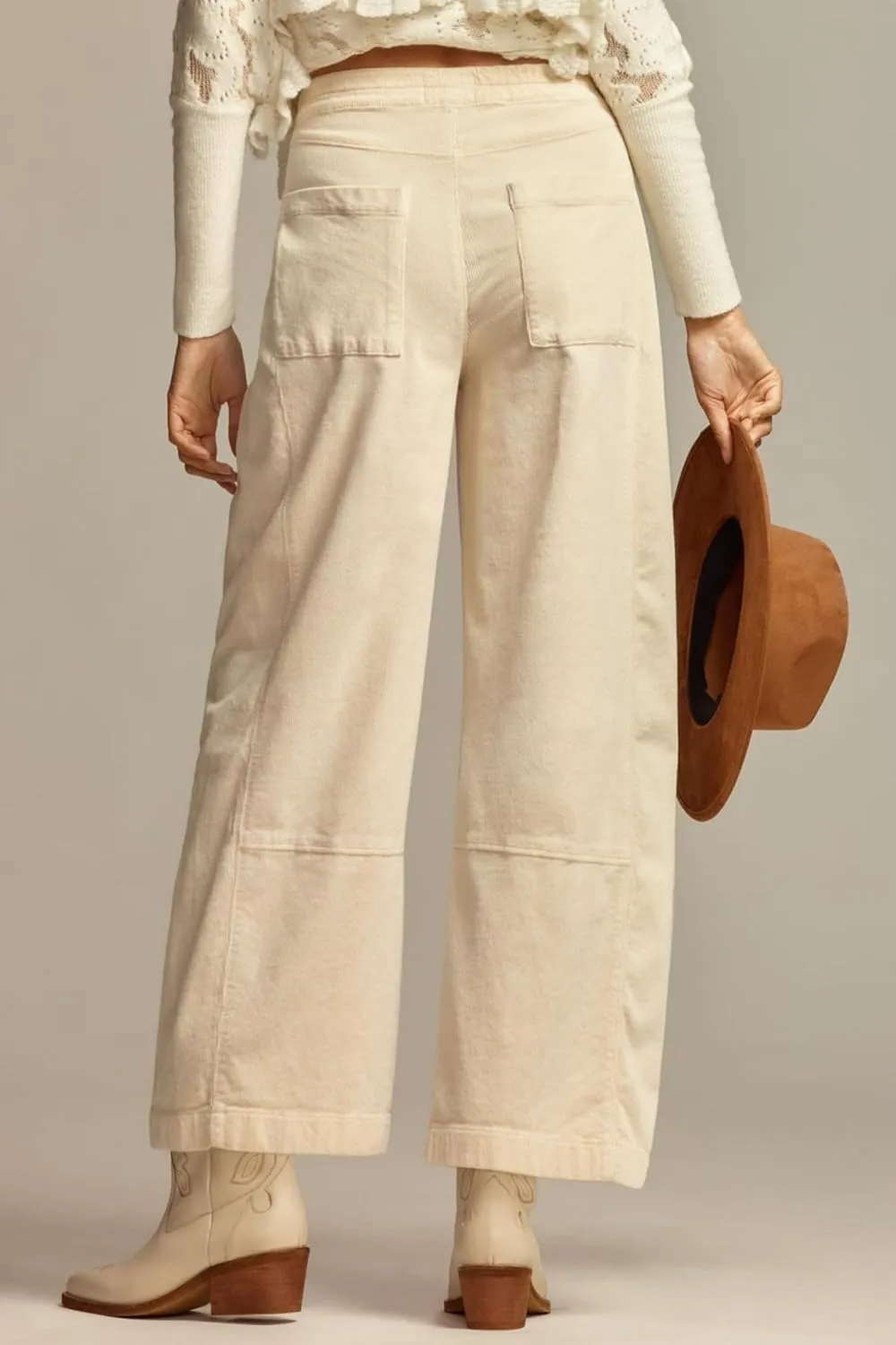 Women's Corduroy Pull-On Barrel Pants Wide Leg Elastic Waist Cord Pants High Rise Casual Trouser with Pockets