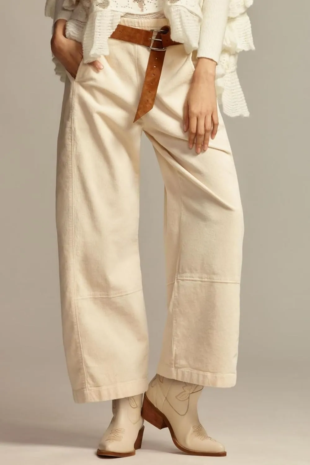 Women's Corduroy Pull-On Barrel Pants Wide Leg Elastic Waist Cord Pants High Rise Casual Trouser with Pockets
