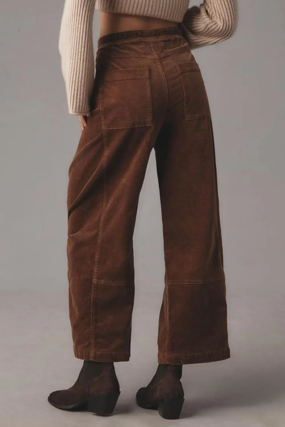Women's Corduroy Pull-On Barrel Pants Wide Leg Elastic Waist Cord Pants High Rise Casual Trouser with Pockets
