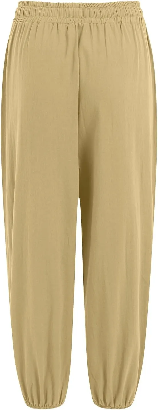Women's Cotton Linen Capris Pants Elastic Drawstring Casual Summer Plus Size Wide Leg Waist Cropped Trouser