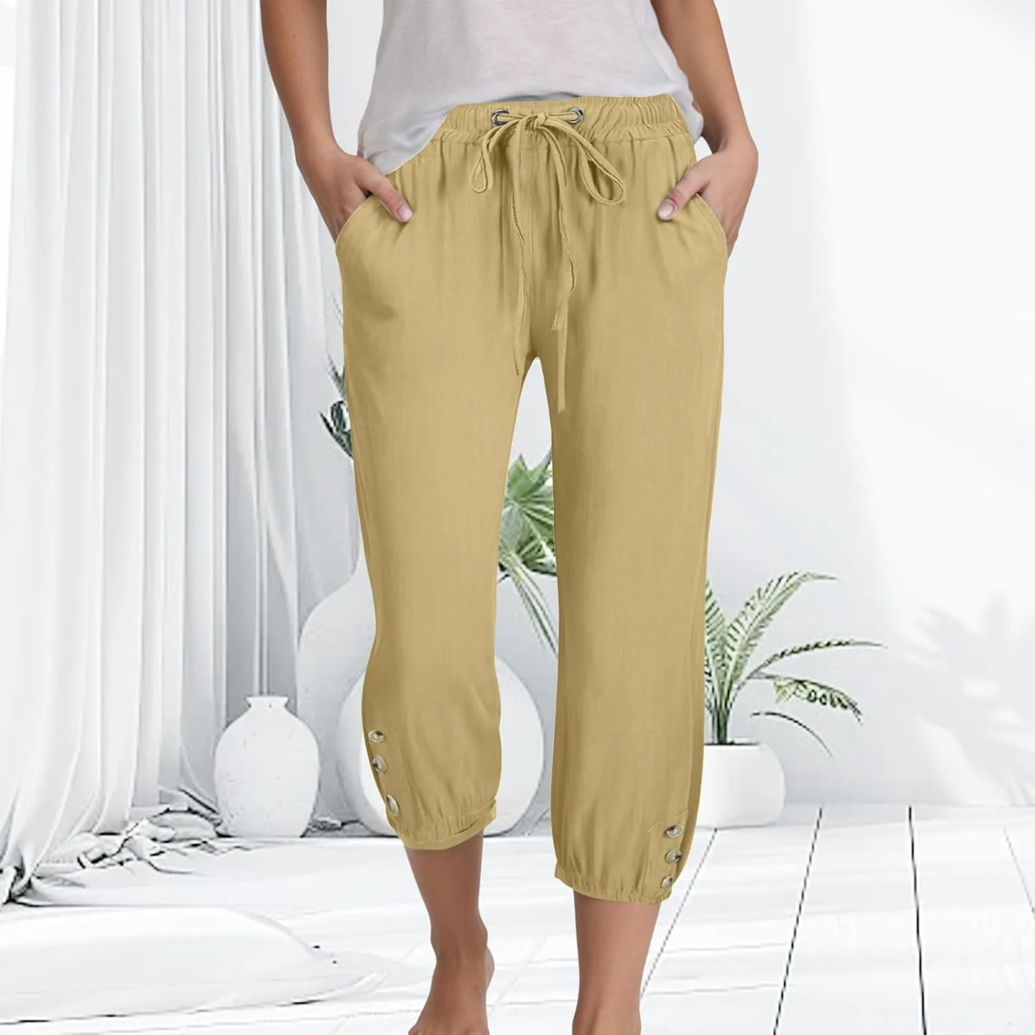 Women's Cotton Linen Capris Pants Elastic Drawstring Casual Summer Plus Size Wide Leg Waist Cropped Trouser