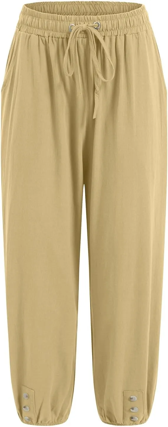 Women's Cotton Linen Capris Pants Elastic Drawstring Casual Summer Plus Size Wide Leg Waist Cropped Trouser