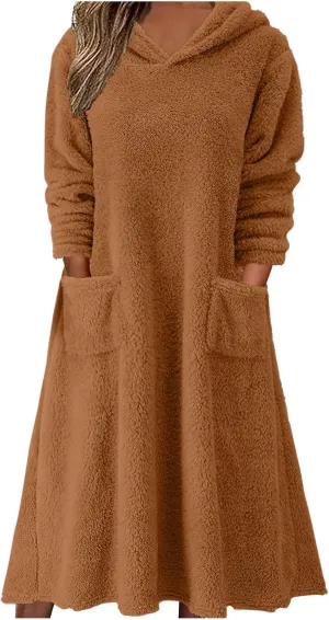 Women's Fluffy Fleece Hoodie Dress Casual Long Sleeve Sweatshirt Oversized Plush Fuzzy Pullover Coat with Pockets