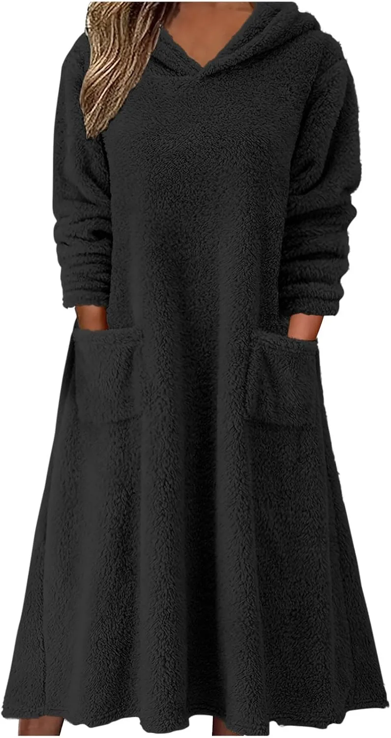 Women's Fluffy Fleece Hoodie Dress Casual Long Sleeve Sweatshirt Oversized Plush Fuzzy Pullover Coat with Pockets