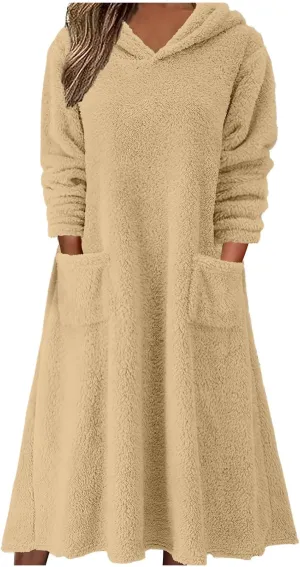 Women's Fluffy Fleece Hoodie Dress Casual Long Sleeve Sweatshirt Oversized Plush Fuzzy Pullover Coat with Pockets