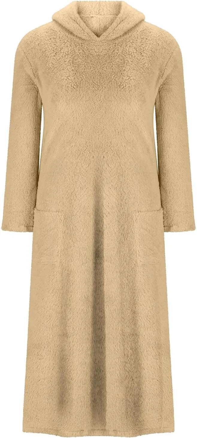 Women's Fluffy Fleece Hoodie Dress Casual Long Sleeve Sweatshirt Oversized Plush Fuzzy Pullover Coat with Pockets