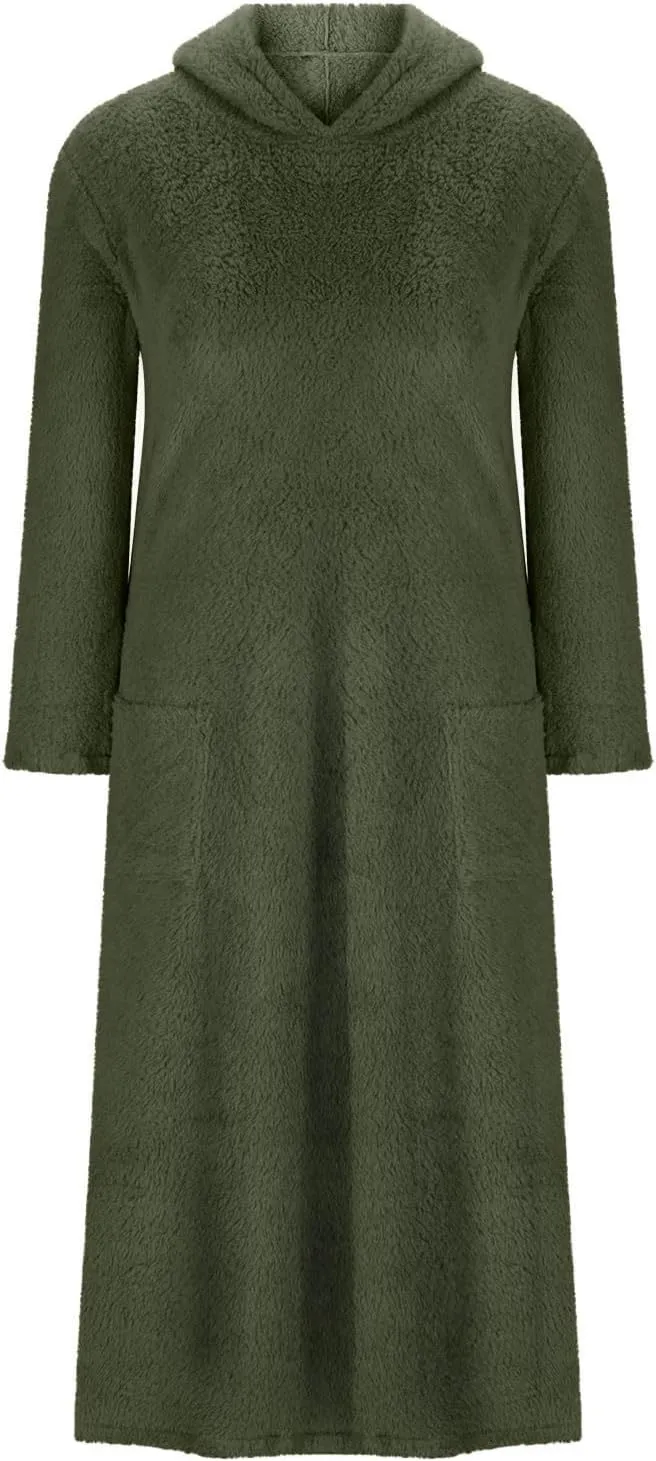 Women's Fluffy Fleece Hoodie Dress Casual Long Sleeve Sweatshirt Oversized Plush Fuzzy Pullover Coat with Pockets