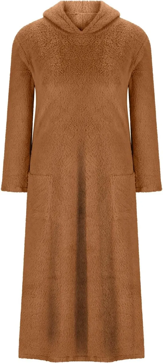 Women's Fluffy Fleece Hoodie Dress Casual Long Sleeve Sweatshirt Oversized Plush Fuzzy Pullover Coat with Pockets