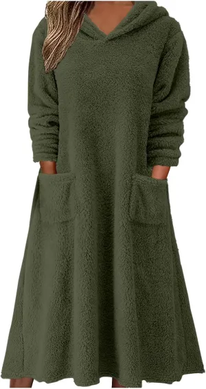 Women's Fluffy Fleece Hoodie Dress Casual Long Sleeve Sweatshirt Oversized Plush Fuzzy Pullover Coat with Pockets