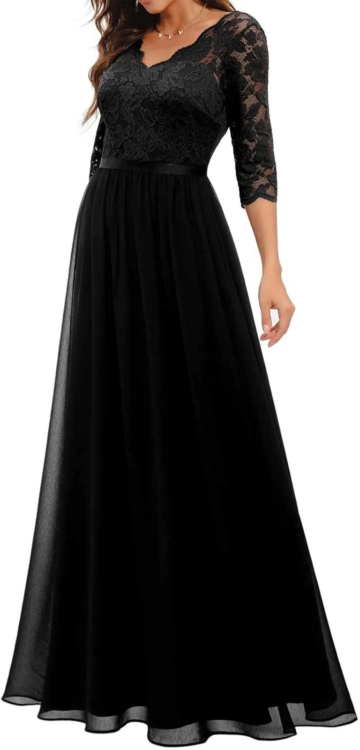 Women's Formal Wedding Guest Dress Fall Casual Flowy V-Neck Lace Maxi Dresses