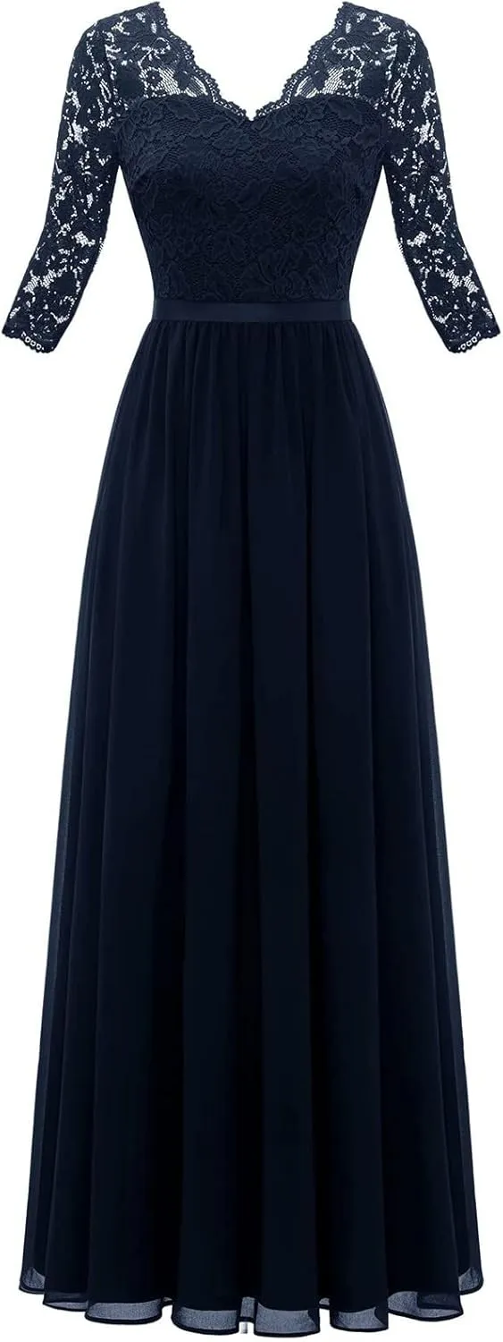 Women's Formal Wedding Guest Dress Fall Casual Flowy V-Neck Lace Maxi Dresses