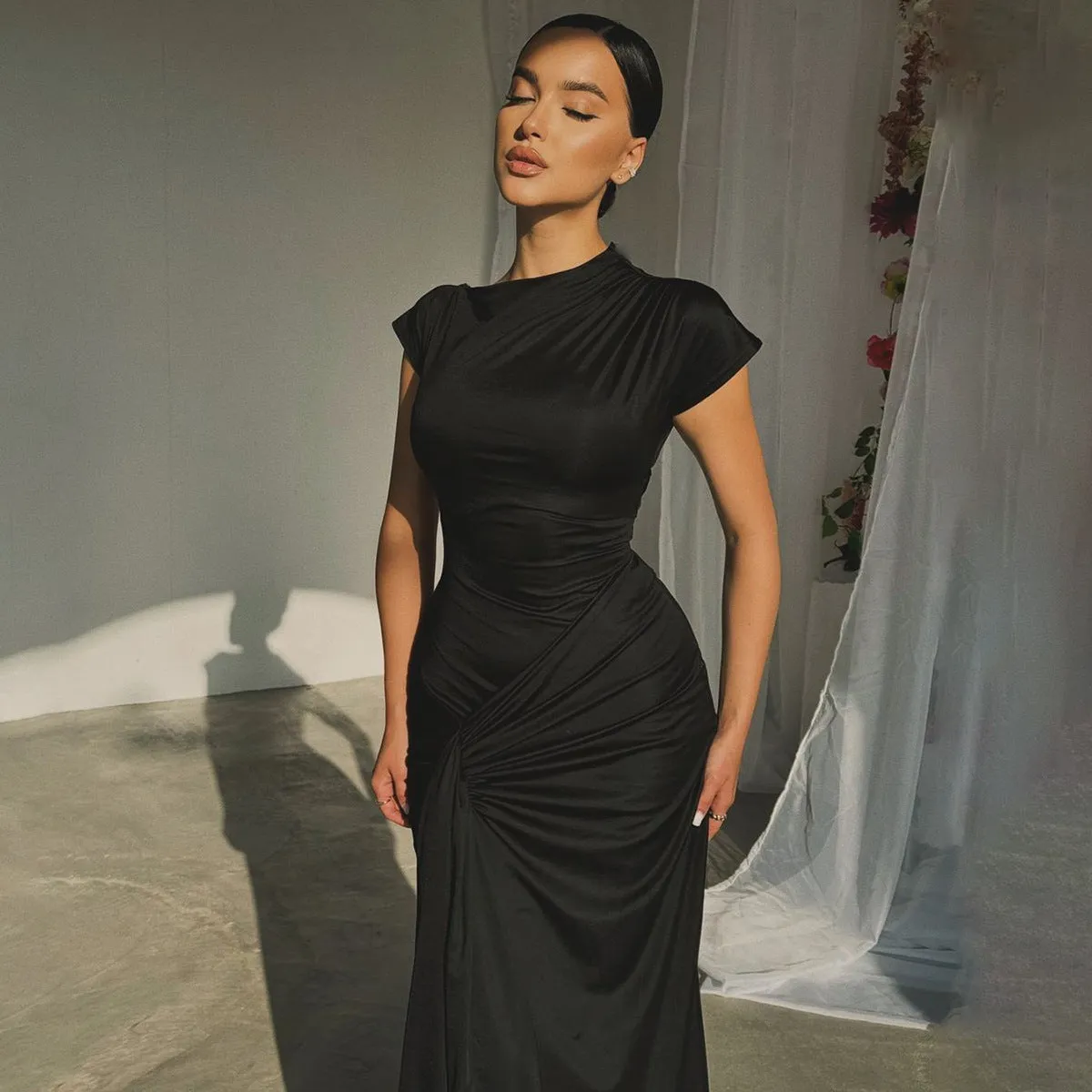 Womens Full-Length Dress  Satin Finish  Draped Waist  Short Sleeve Formal Wear